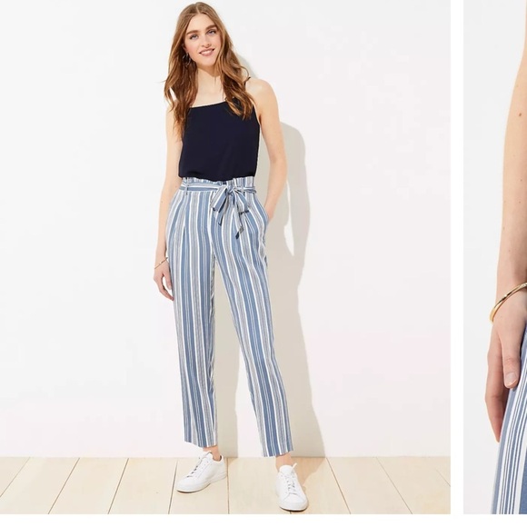 Loft Wide Leg Striped Paper Bag Pants Belted Sz L NEW - Picture 1 of 4